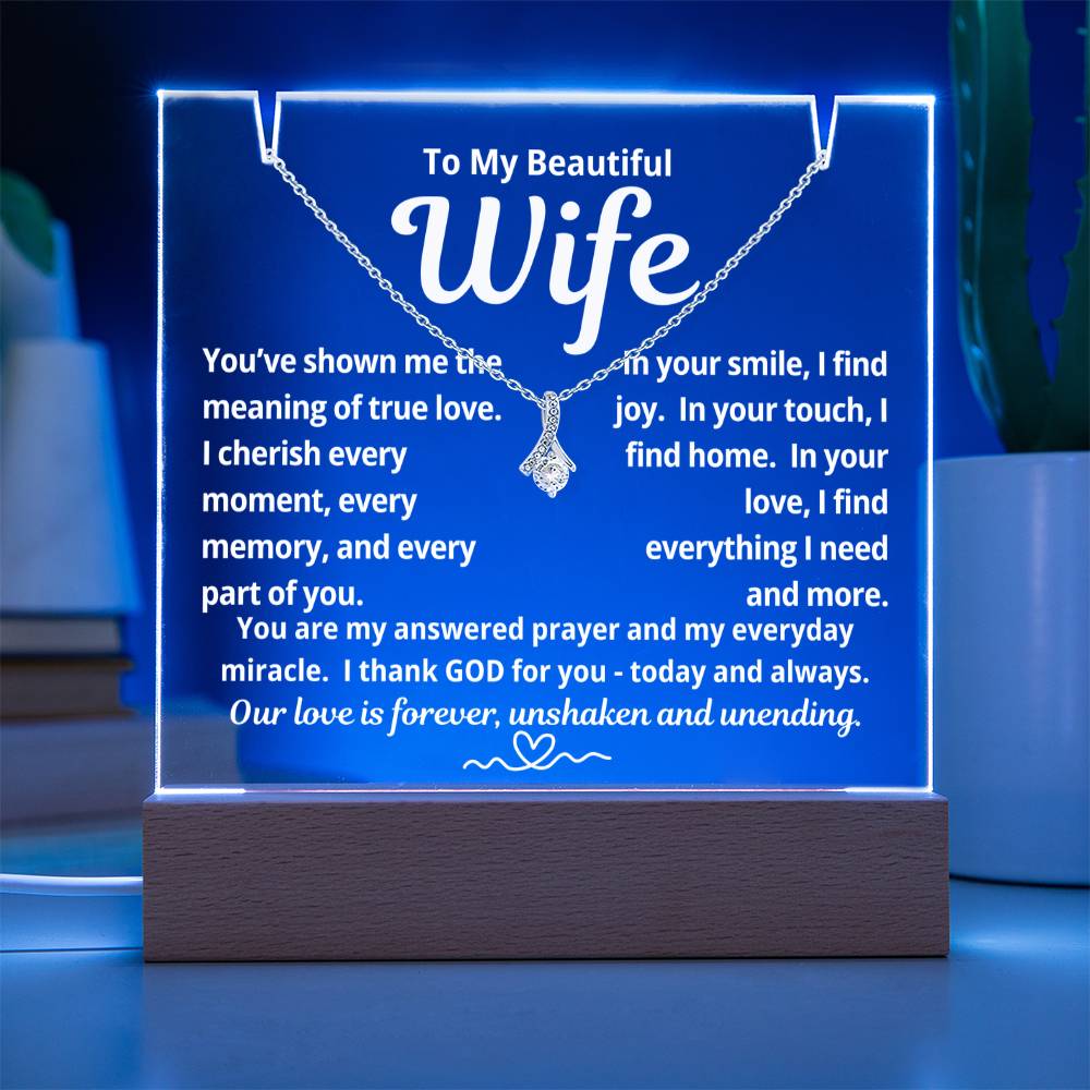 To My Beautiful Wife "You've Shown Me The Meaning.." Lighted Acrylic Keepsake with Alurring Beauty Necklace