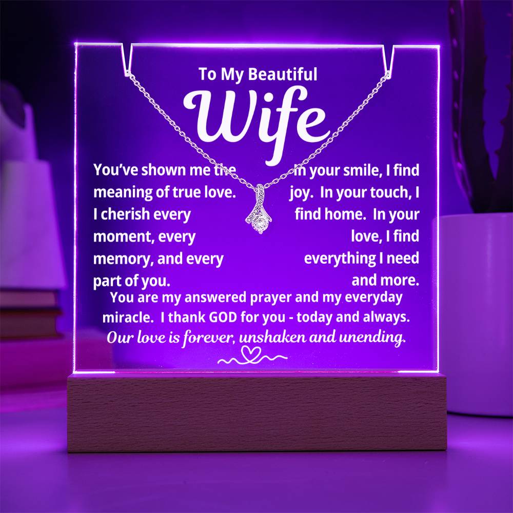 To My Beautiful Wife "You've Shown Me The Meaning.." Lighted Acrylic Keepsake with Alurring Beauty Necklace