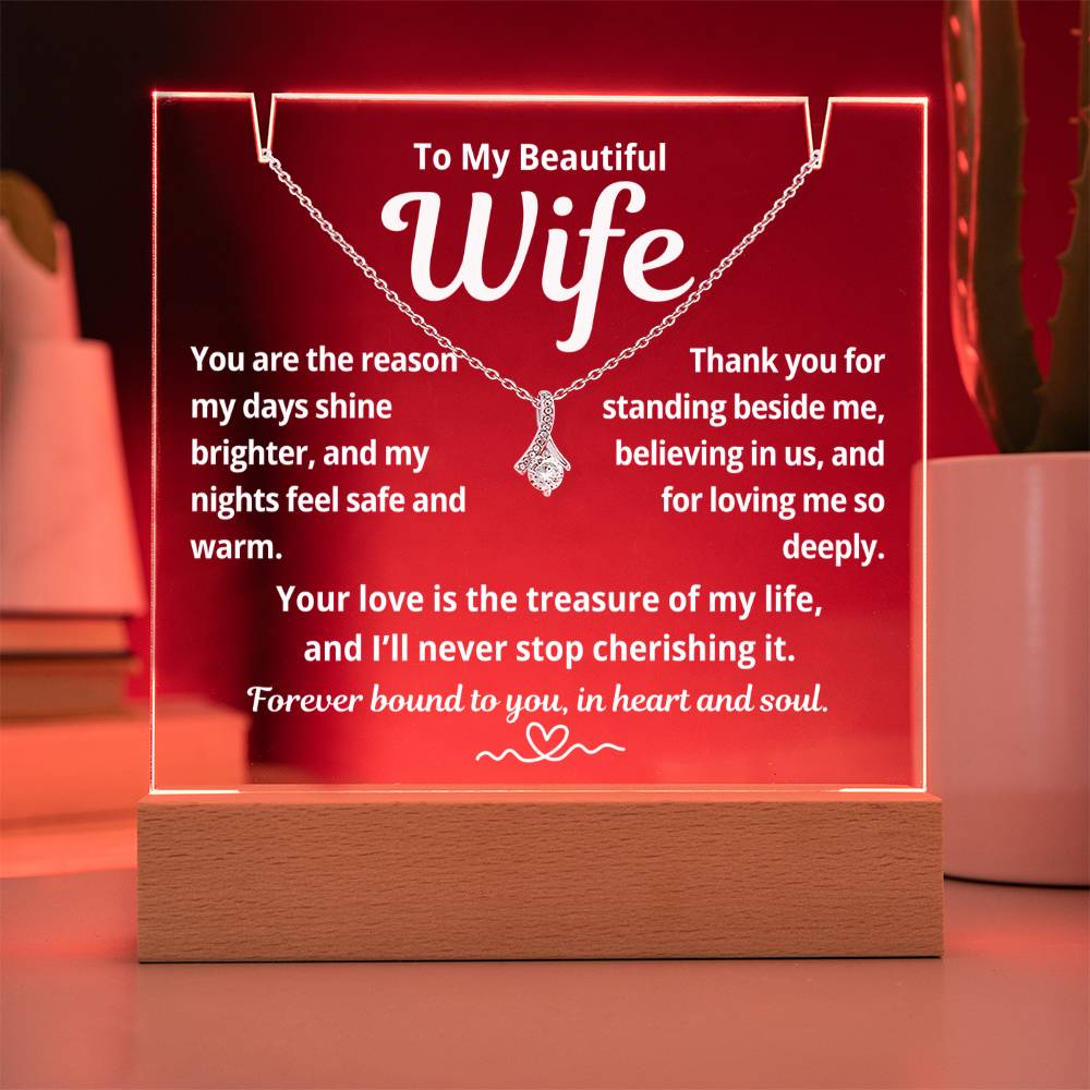 To My Beautiful Wife "You Are The Reason.." Lighted Acrylic Keepsake with Alurring Beauty Necklace