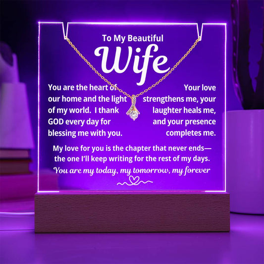 To My Beautiful Wife "You Are The Heart of Our Home.." Lighted Acrylic Keepsake with Alurring Beauty Necklace