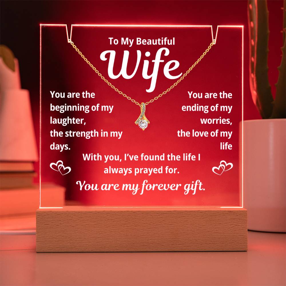 To My Beautiful Wife "You Are The Beginning.." Lighted Acrylic Keepsake with Alurring Beauty Necklace