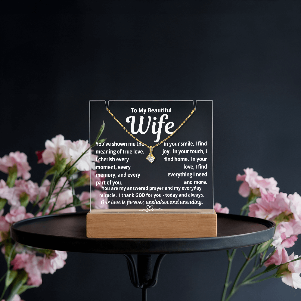 To My Beautiful Wife "You've Shown Me The Meaning of True Love.." Lighted Acrylic Keepsake with Alurring Beauty Necklace