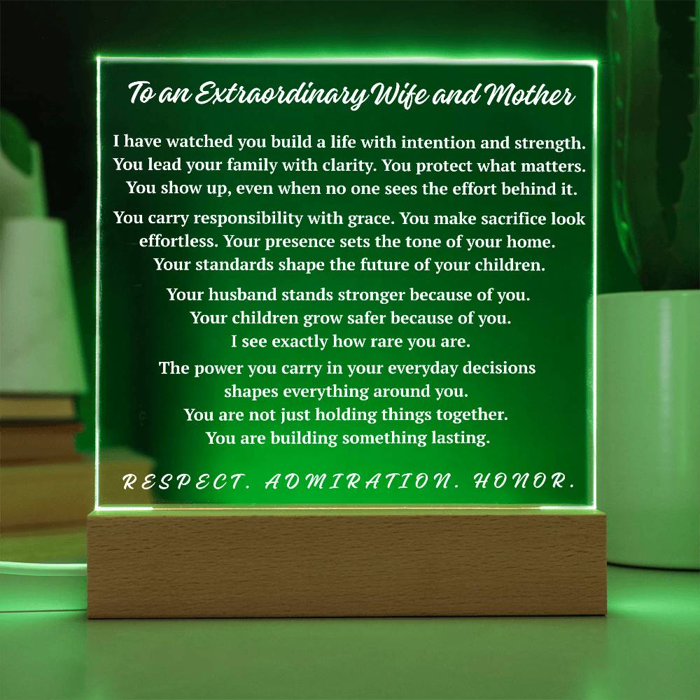 Green LED extraordinary wife and mother acrylic plaque keepsake