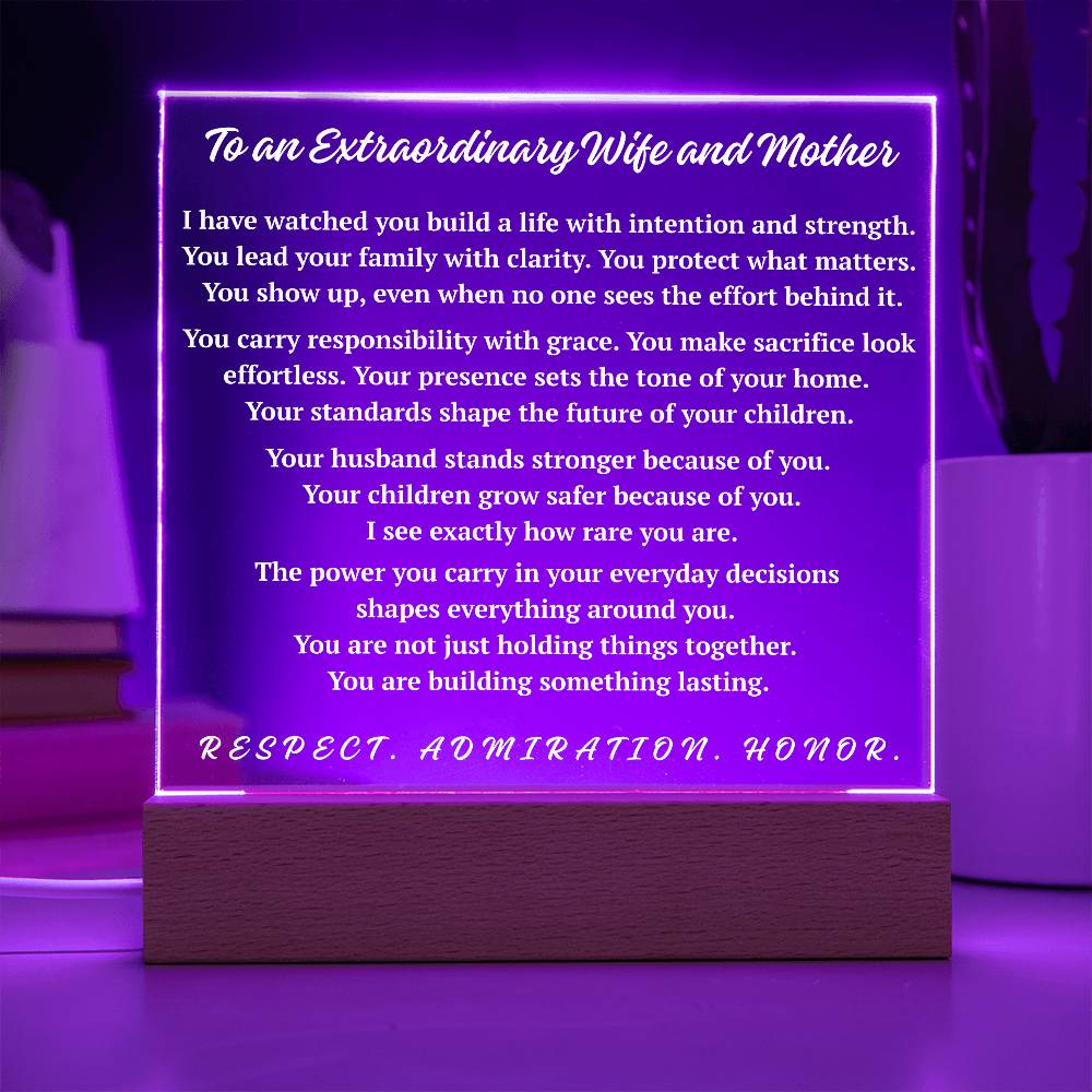 Purple LED extraordinary wife and mother acrylic plaque glowing display