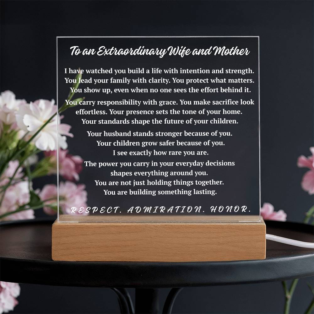 Warm light extraordinary wife and mother acrylic plaque on wooden base