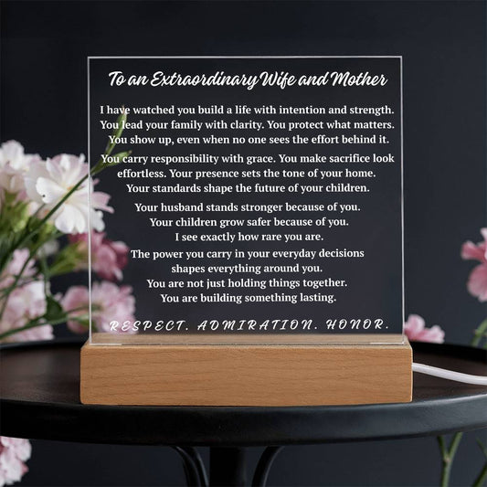 Warm light extraordinary wife and mother acrylic plaque on wooden base