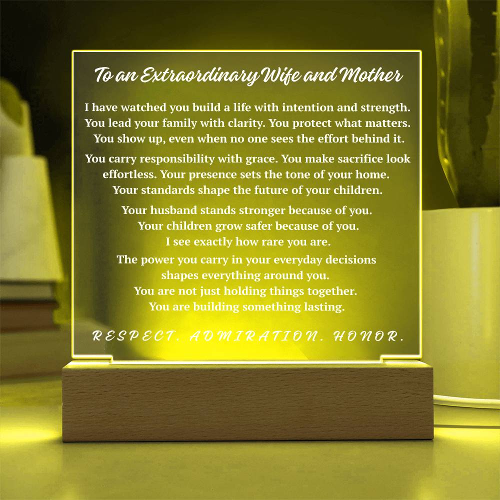 Yellow LED extraordinary wife and mother acrylic plaque illuminated