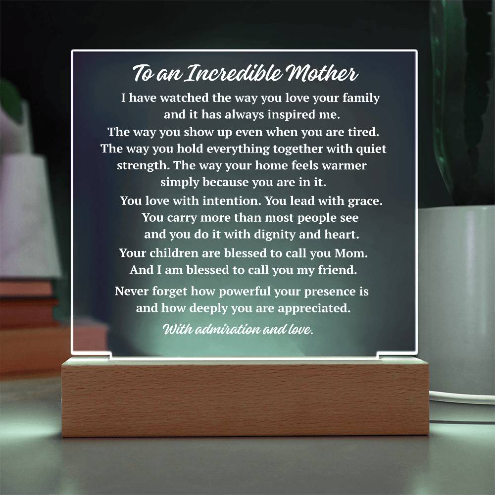 Warm light incredible mother acrylic plaque on wooden base