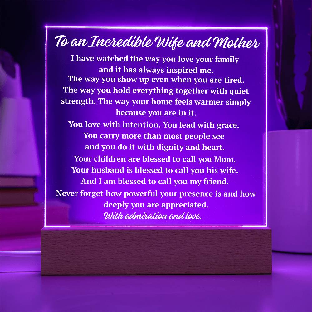 Purple LED incredible wife and mother appreciation plaque