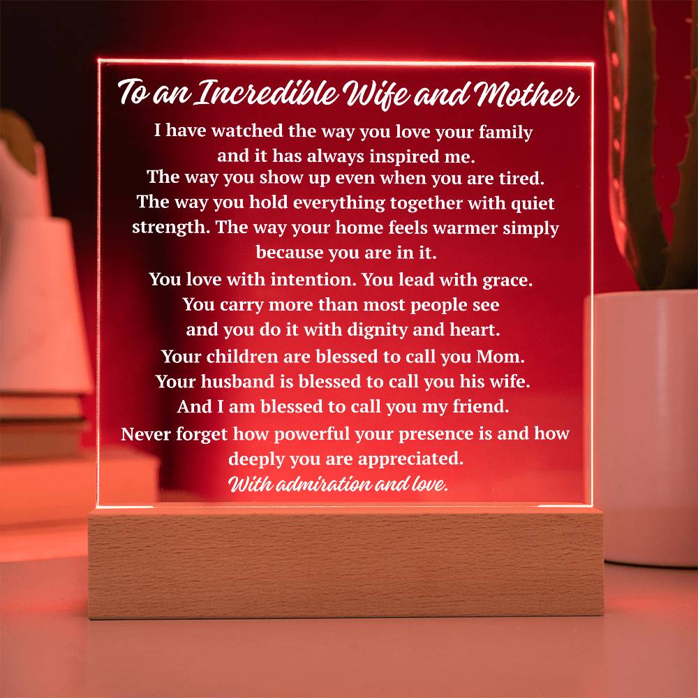 Red LED incredible wife and mother acrylic keepsake