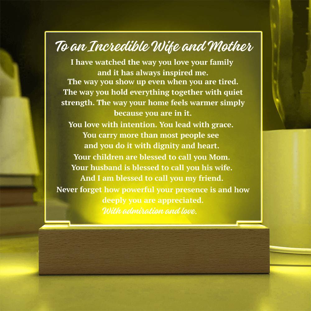Yellow LED incredible wife and mother plaque illuminated