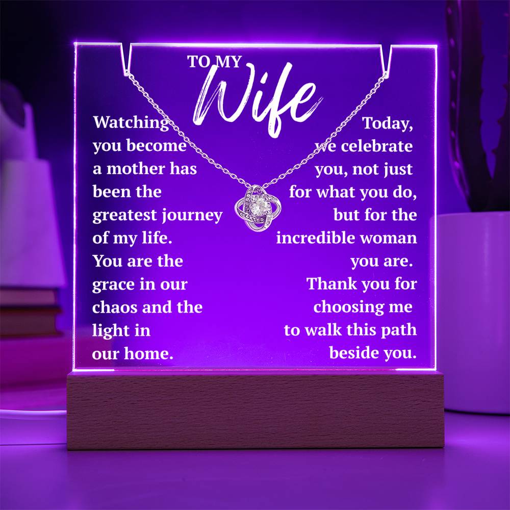 Romantic purple LED glow highlighting the "To My Wife" message on a premium acrylic plaque with a sparkling cubic zirconia necklace.