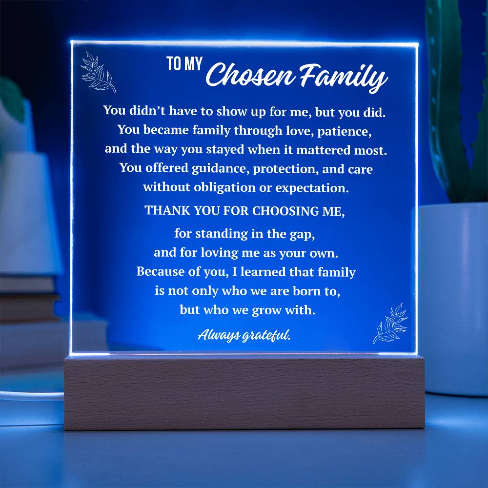 Chosen family acrylic plaque illuminated with blue LED base, thank you gift for chosen family