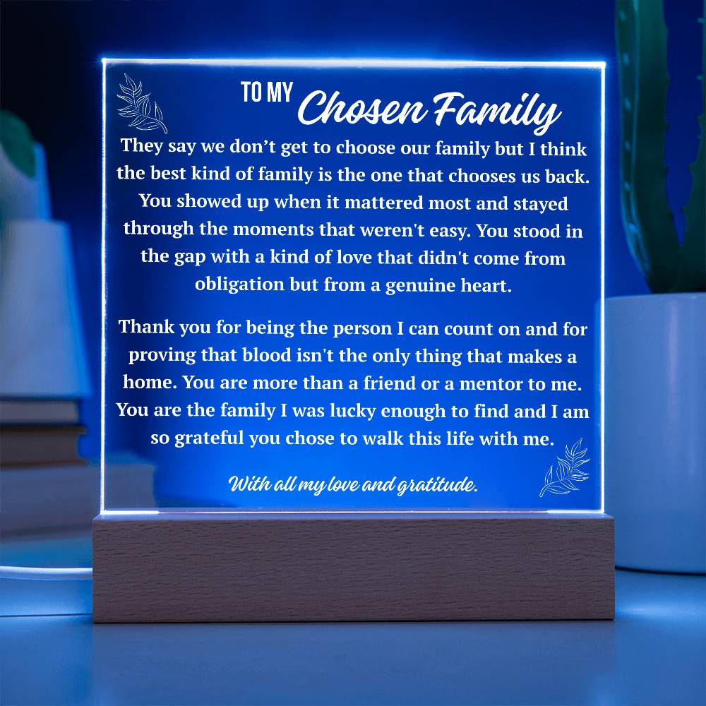 Chosen family acrylic plaque illuminated with blue LED base, thank you gift for chosen family