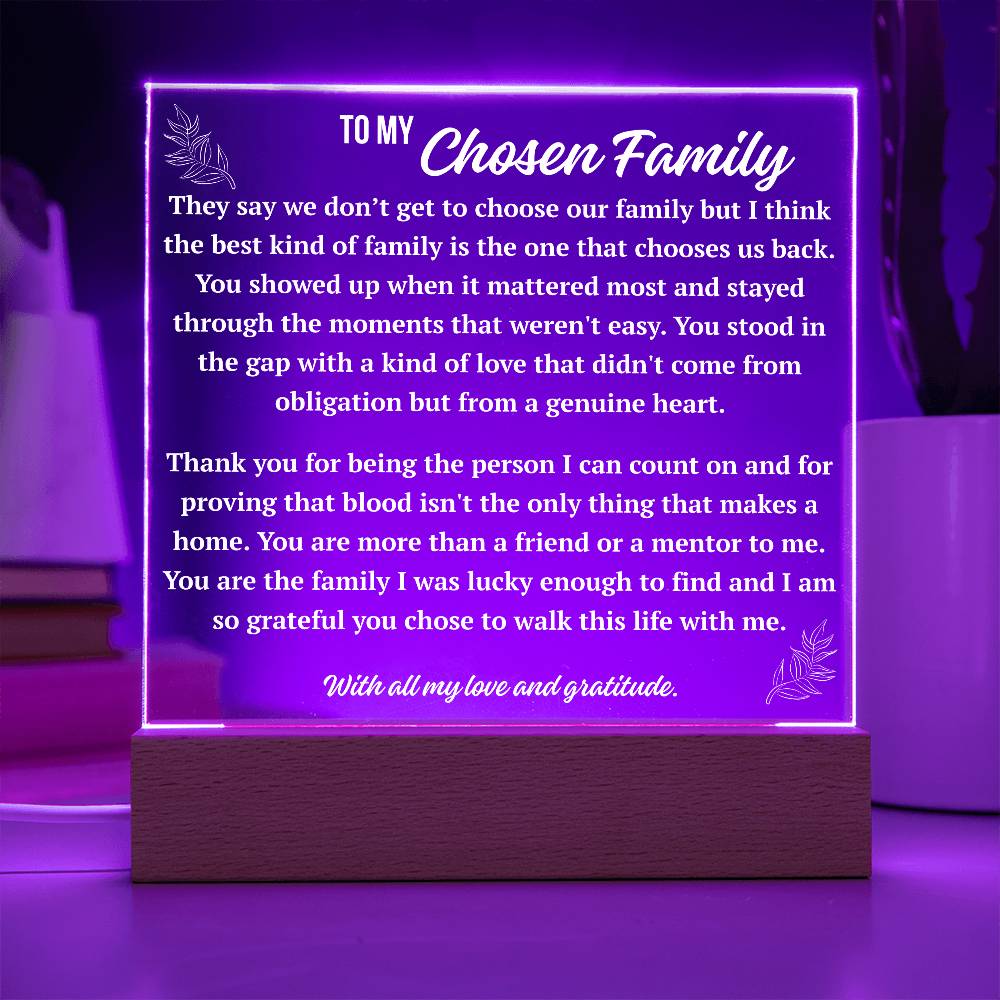 Chosen family acrylic plaque with purple LED base, family by choice gift