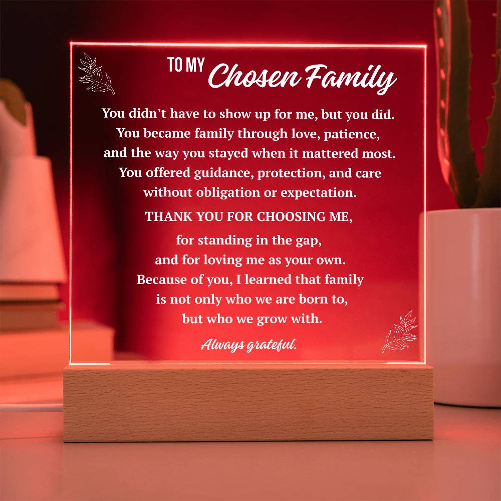 Chosen family acrylic plaque with red LED base, appreciation gift for bonus family
