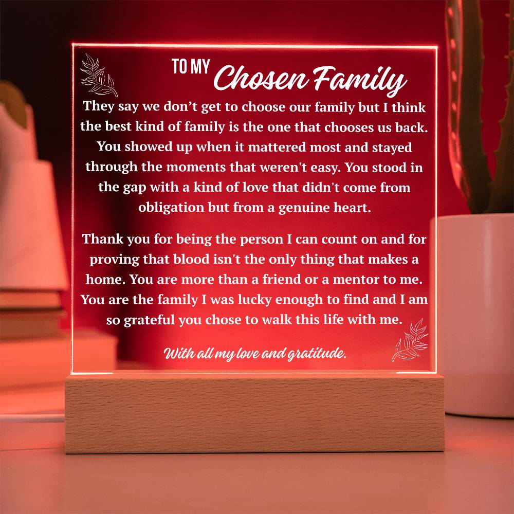 Chosen family acrylic plaque with red LED base, appreciation gift for bonus family