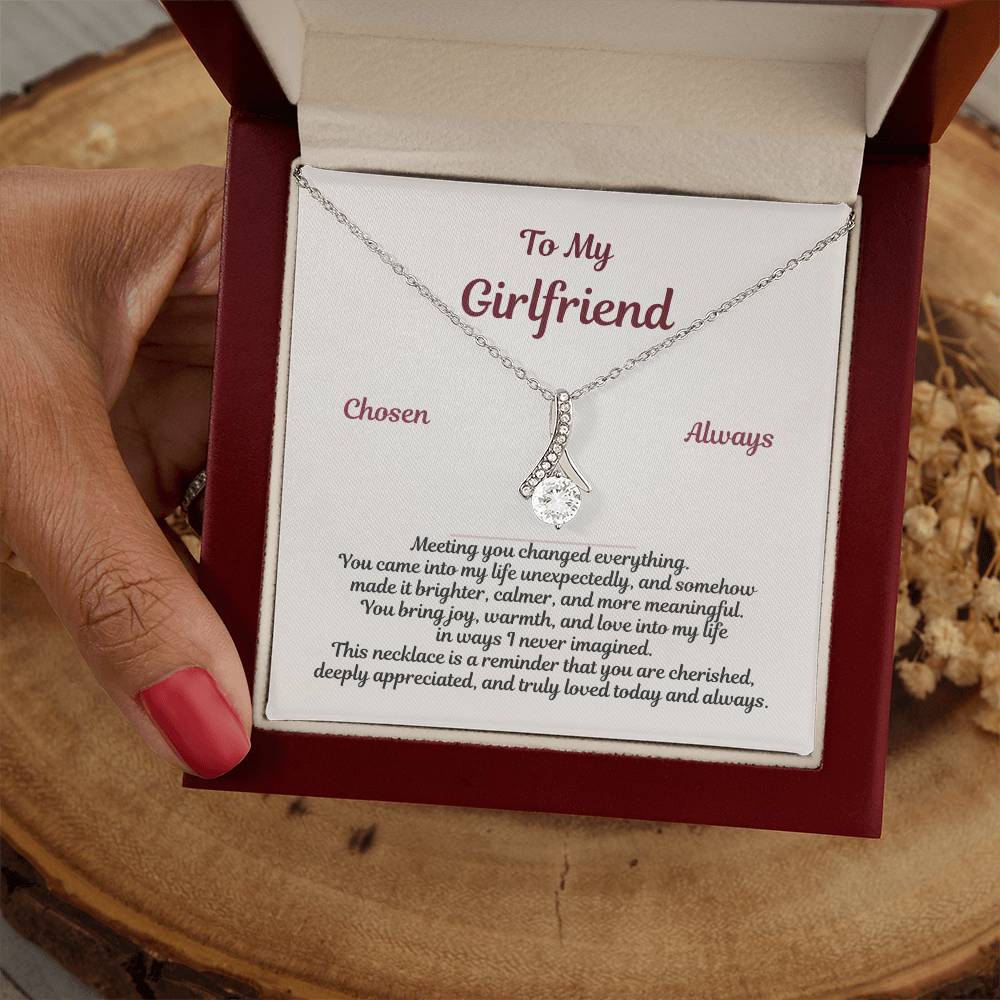 Love message card for girlfriend paired with Alluring Beauty Necklace in gift box