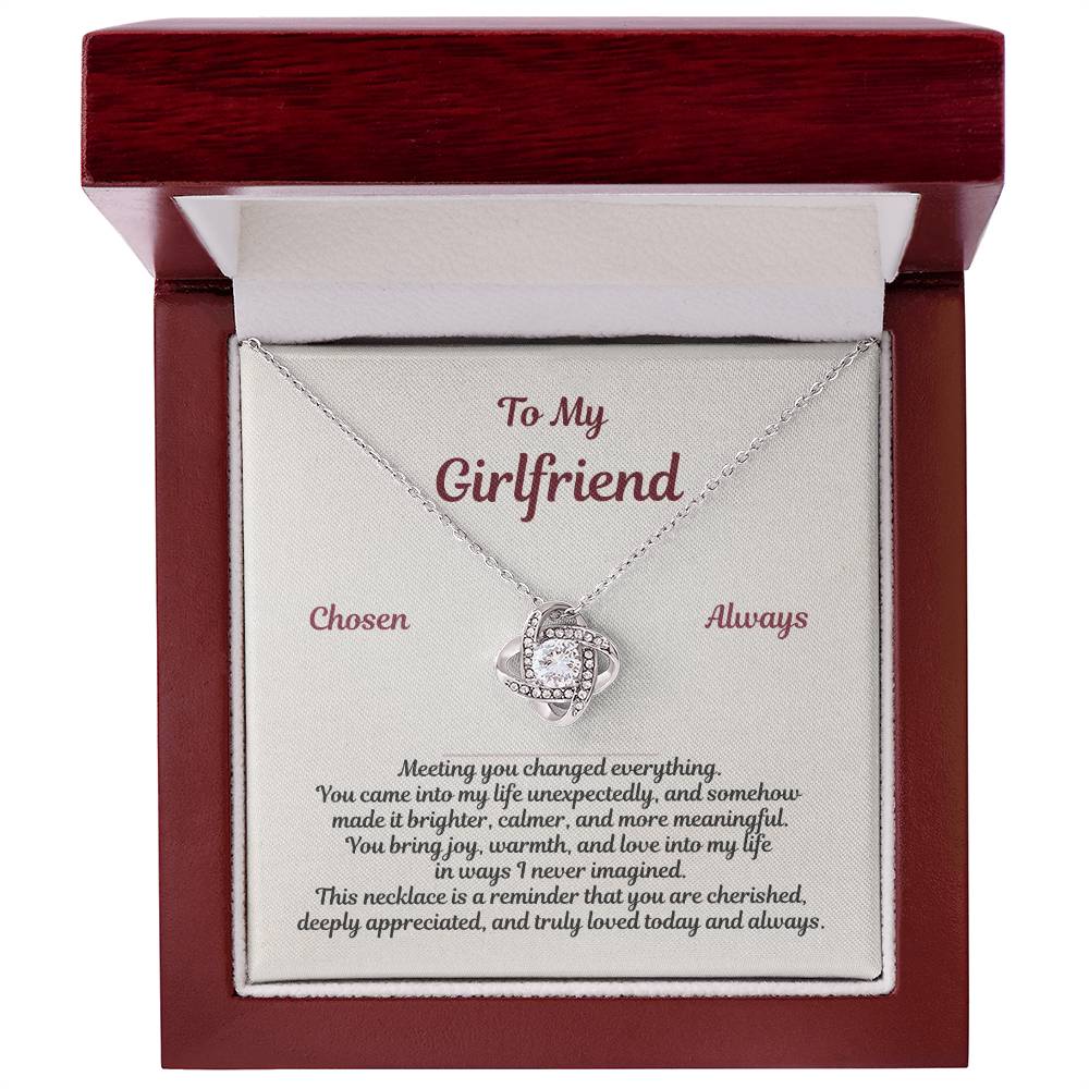 To My Girlfriend Love Knot Necklace with Chosen Always message displayed in luxury gift box