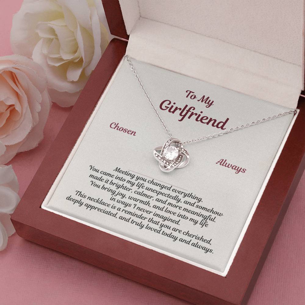 Handheld view of To My Girlfriend Love Knot Necklace with Chosen Always message card