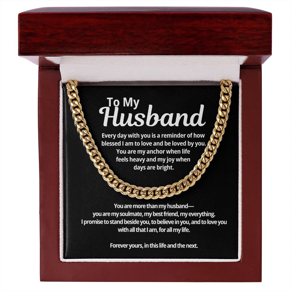 Husband Cuban Link Chain necklace presented in mahogany style gift box with romantic message card