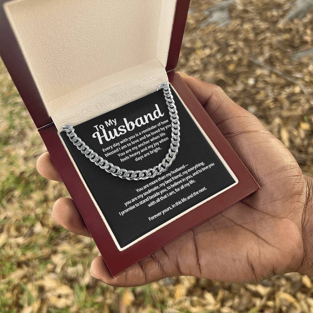 Cuban Link Chain gift for husband shown in hand with message card symbolizing love loyalty and devotion