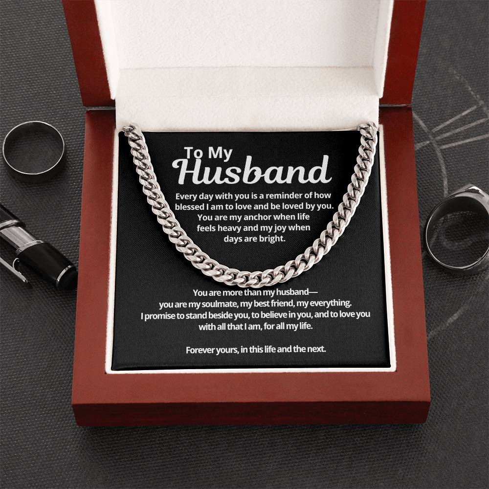 To My Husband Cuban Link Chain necklace displayed in luxury mahogany box with heartfelt message expressing love commitment and lifelong partnership