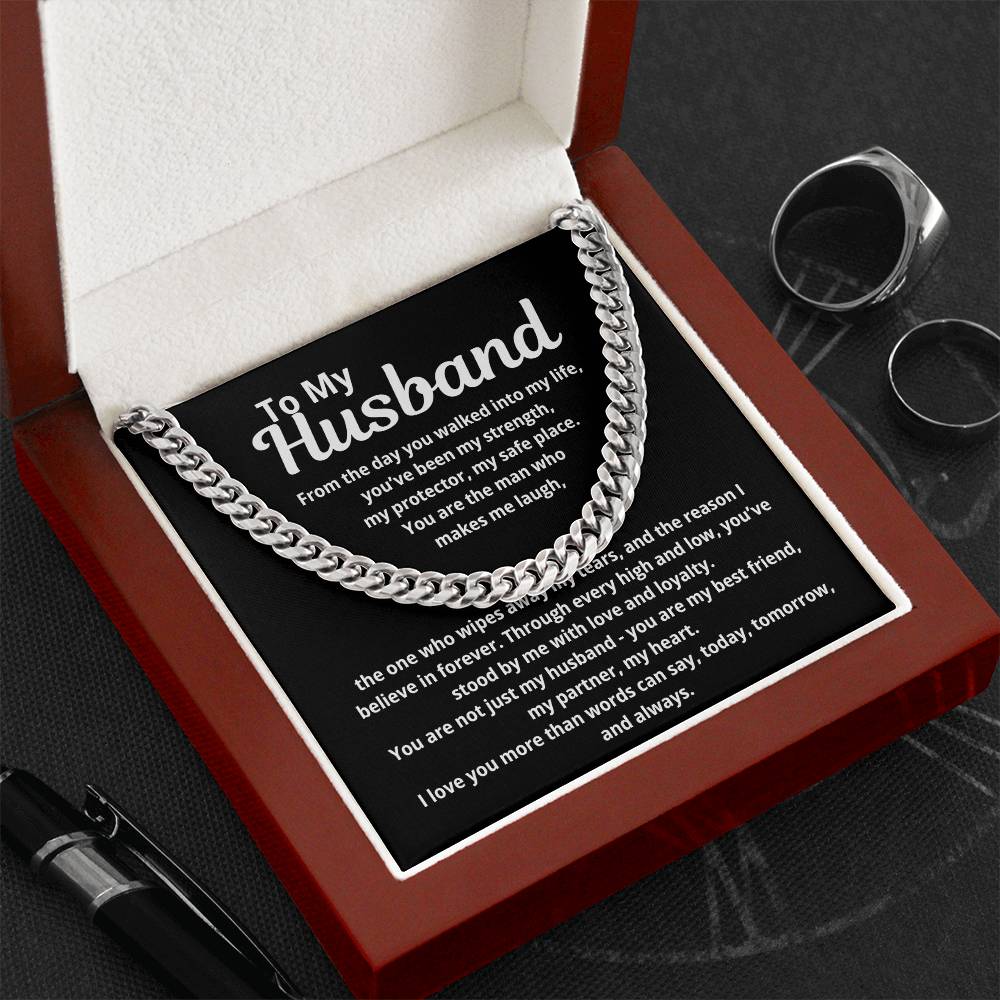 Hand holding To My Husband Cuban Link Chain Necklace gift box showing message card and silver chain