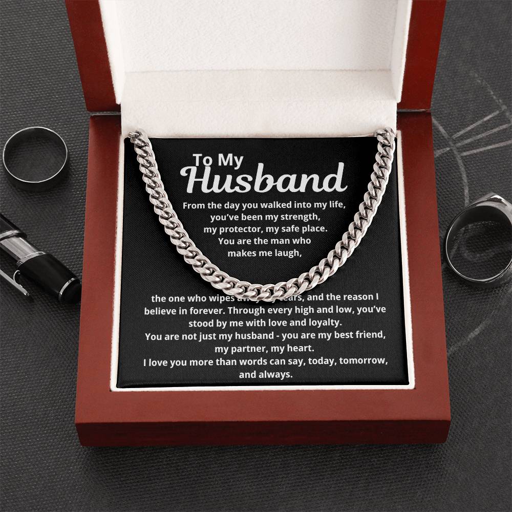To My Husband Cuban Link Chain Necklace displayed in luxury gift box with heartfelt message card