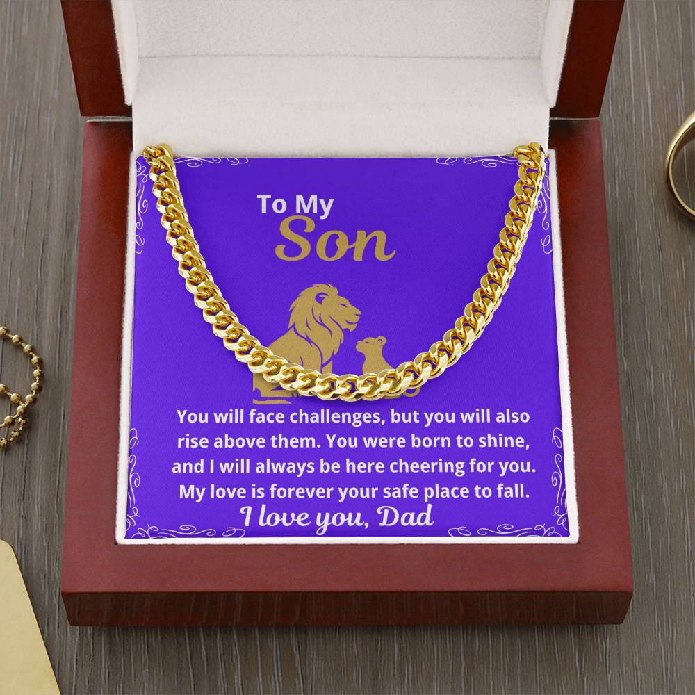 Gold Cuban link chain necklace displayed in a luxury gift box with a purple message card to a son about facing challenges and unconditional love from dad