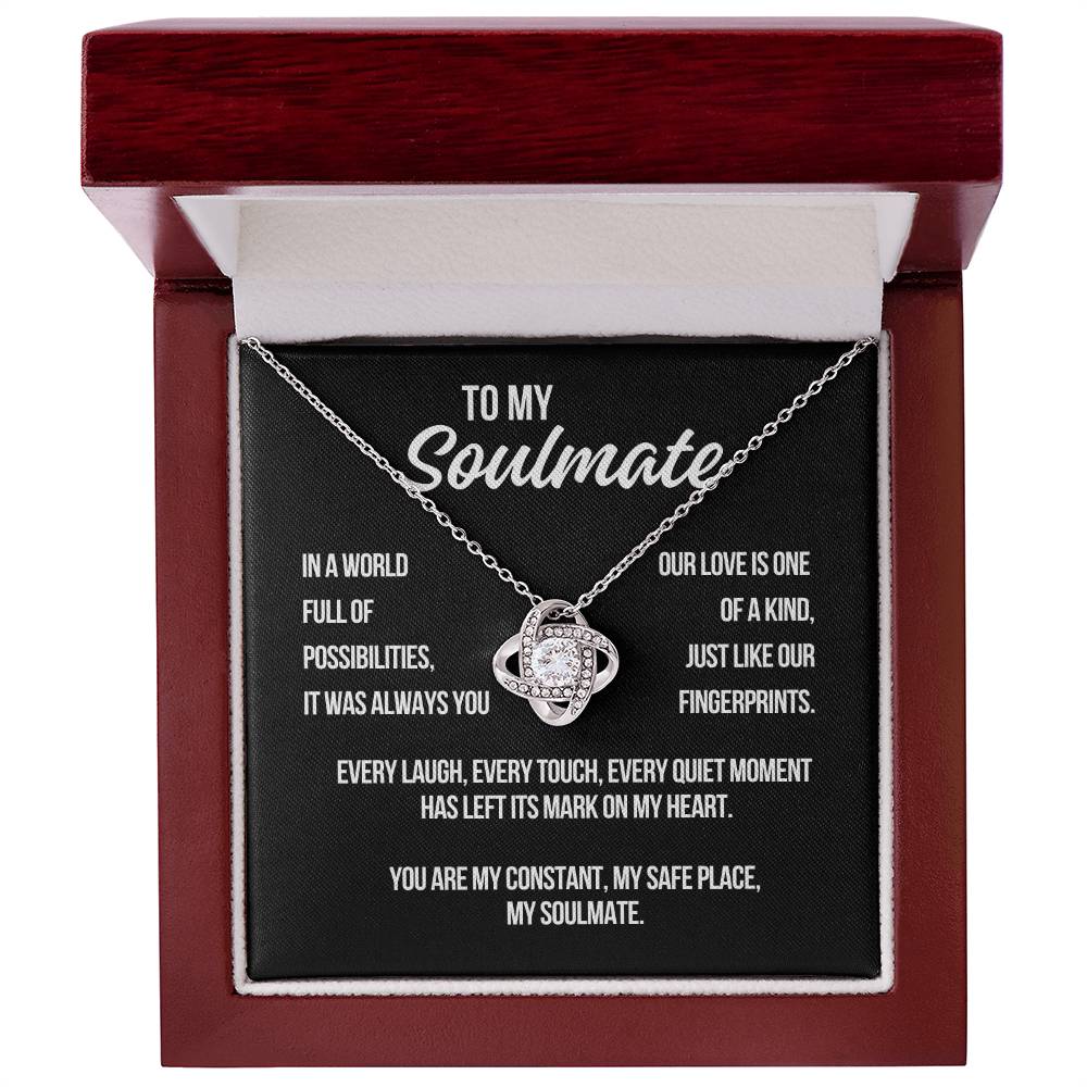 To My Soulmate Love Knot Necklace in white gold with black background message card displayed in a luxury gift box
