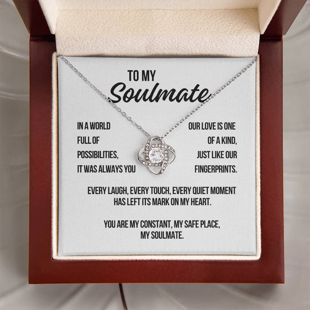To My Soulmate Love Knot Necklace in white gold with soulmate message card in a luxury gift box