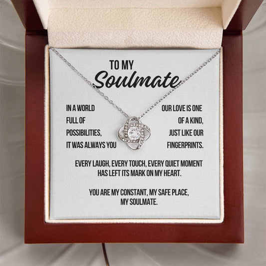 To My Soulmate Love Knot Necklace in white gold with soulmate message card in a luxury gift box