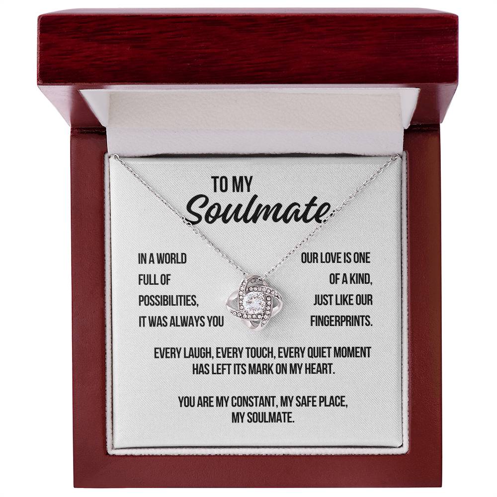 Open gift box showing white gold Love Knot Necklace with To My Soulmate message card