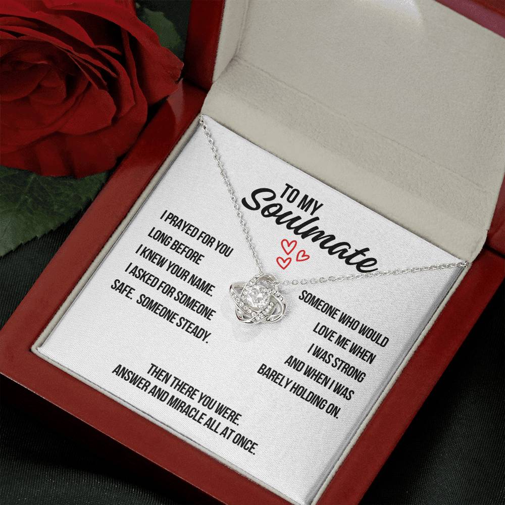 Soulmate love knot necklace gift shown open in keepsake box