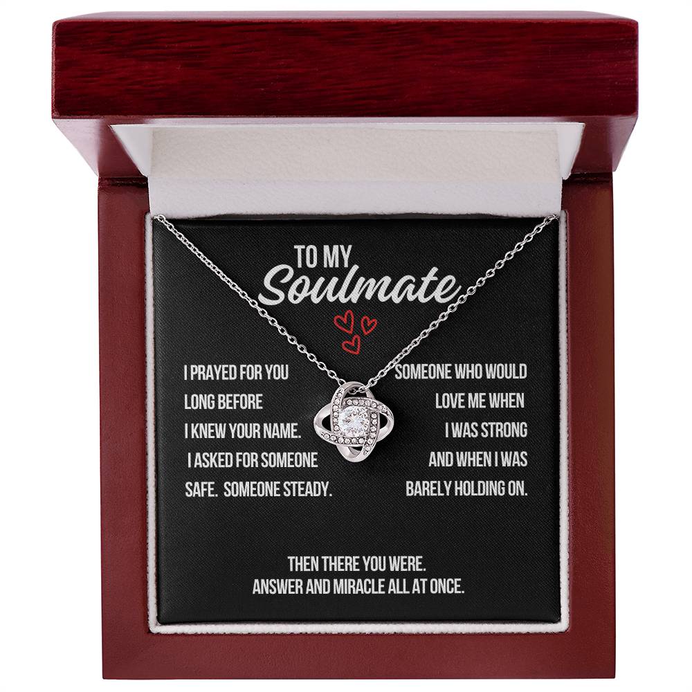 To My Soulmate love knot necklace with prayer message card in luxury gift box with black background.