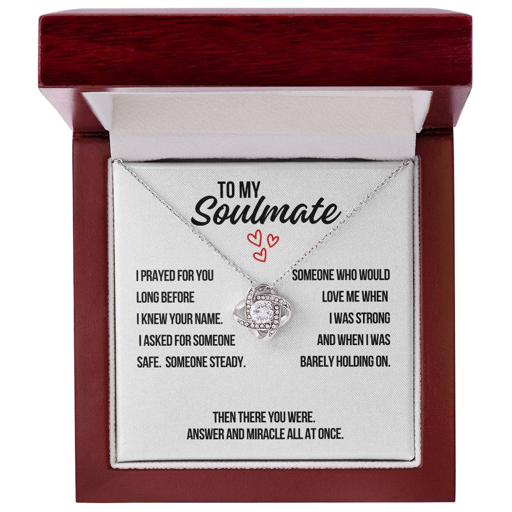 Prayer message card for soulmate love knot necklace displayed in gift box