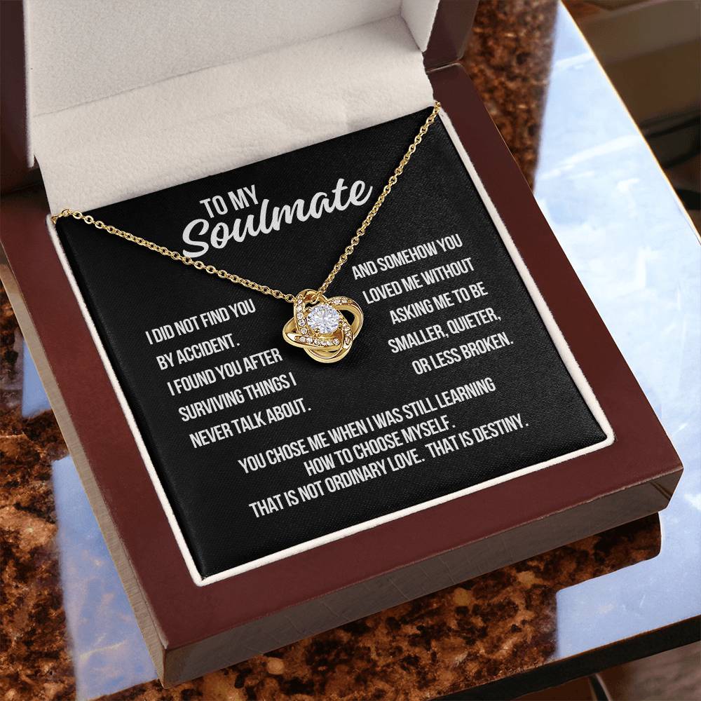 To My Soulmate Love Knot Necklace in white gold displayed inside gift box with black background destiny message card