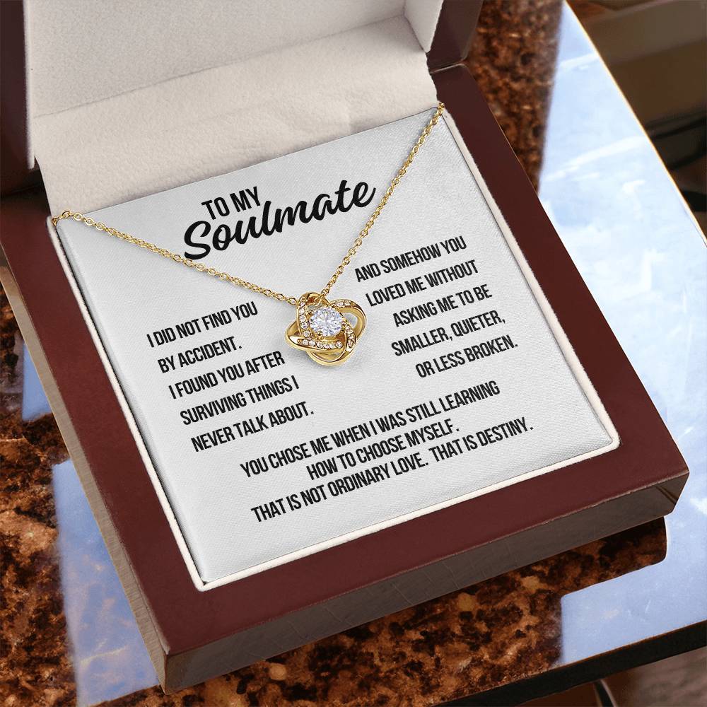 To My Soulmate Love Knot Necklace in white gold displayed inside gift box with white background destiny message card
