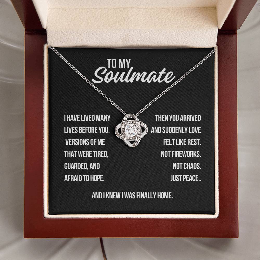To my soulmate love knot necklace in white gold with black background message about love feeling like home