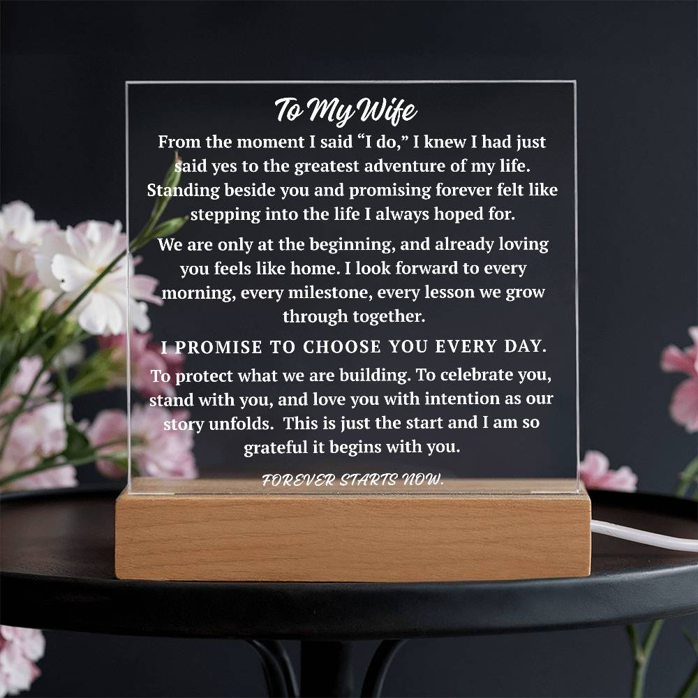To My Wife acrylic plaque in warm amber LED light for newlywed gift
