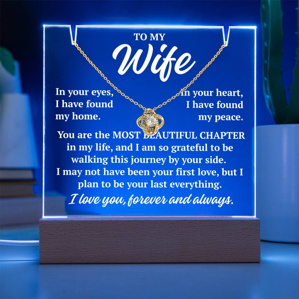 to my wife blue acrylic plaque led light with yellow gold love knot necklace romantic gift