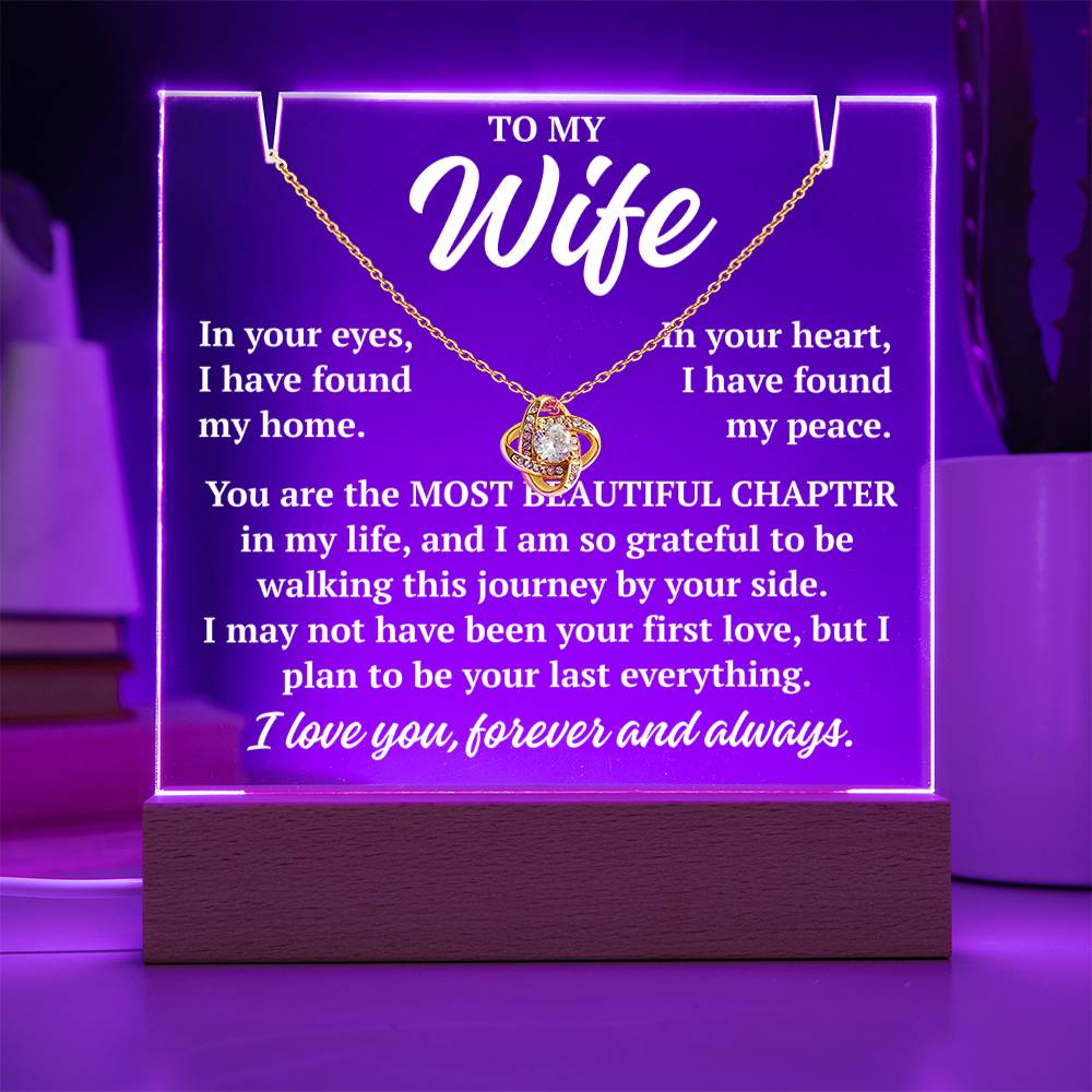 to my wife purple acrylic plaque led light with yellow gold love knot necklace romantic gift