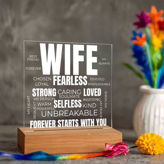 to my wife acrylic plaque with white led light featuring words like soulmate strong loved fearless and the message forever starts with you