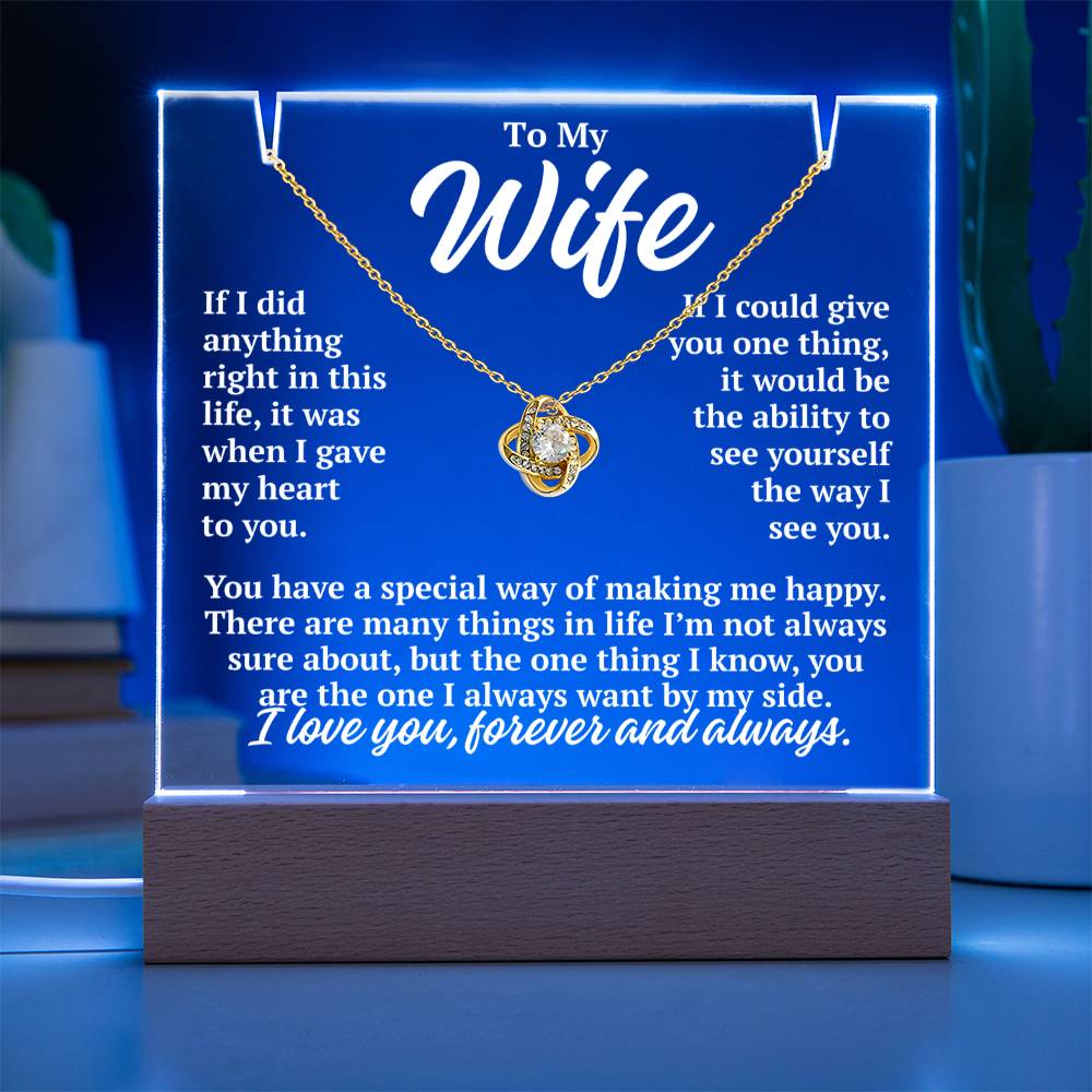 to my wife blue acrylic plaque led light with yellow gold love knot necklace romantic gift from husband