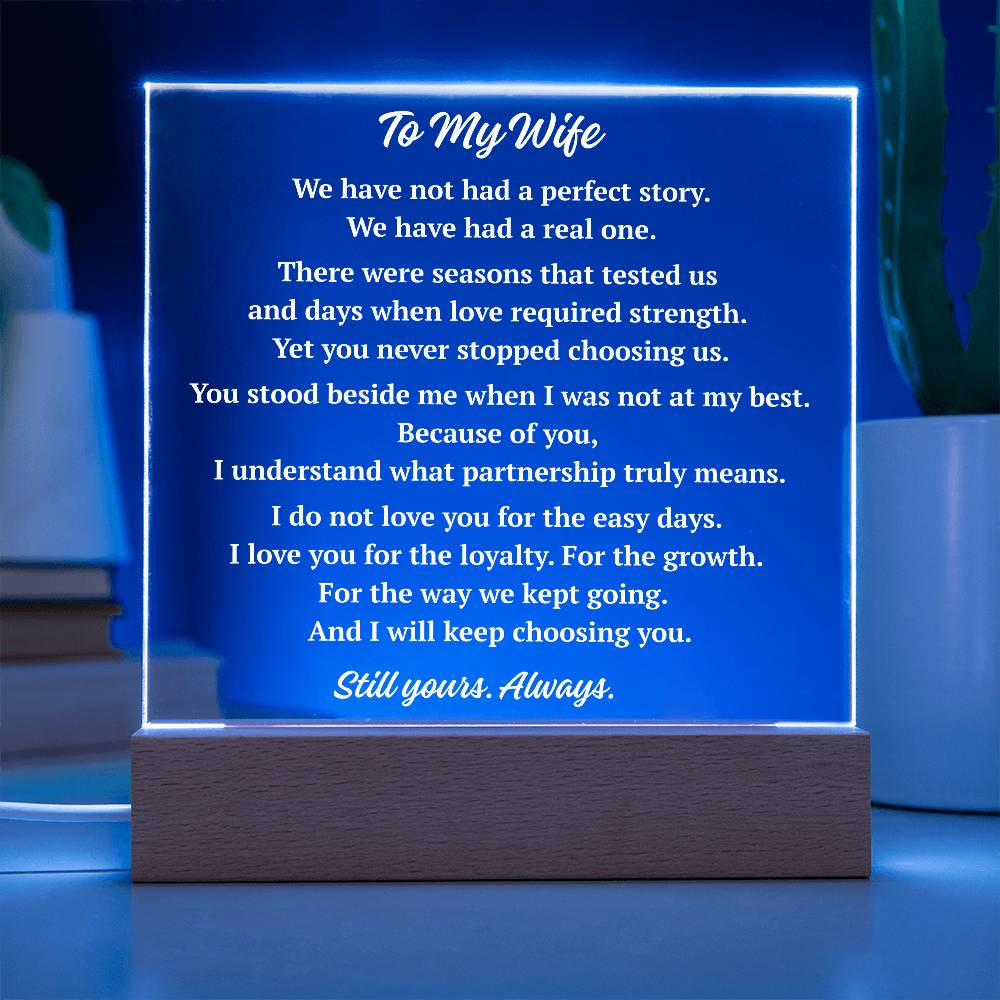 To My Wife marriage acrylic plaque with blue LED base glowing, romantic husband to wife gift keepsake