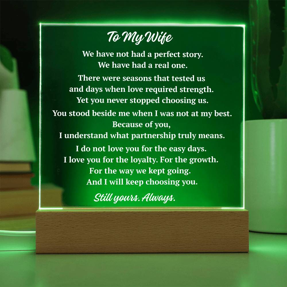 To My Wife acrylic plaque with green LED base illumination, meaningful marriage keepsake for wife