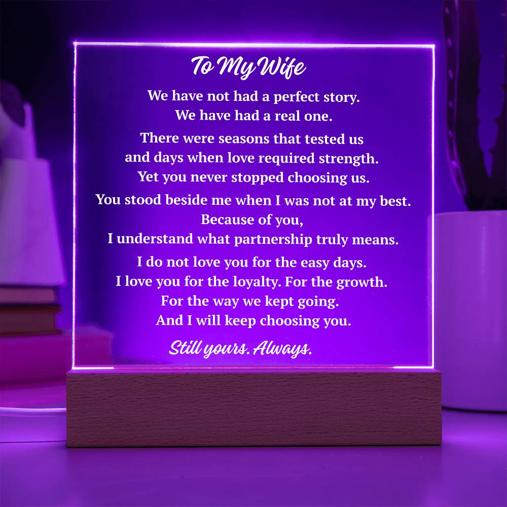 To My Wife acrylic plaque glowing purple on LED base, heartfelt husband to wife love gift