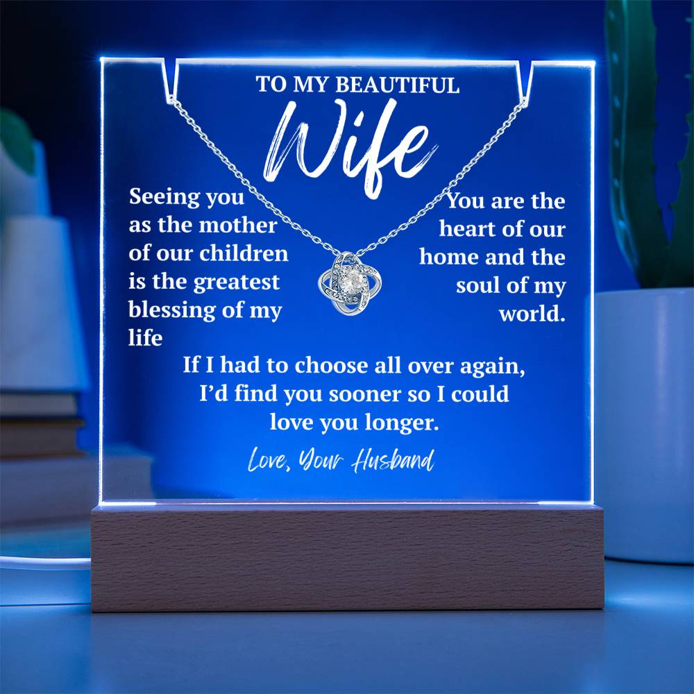 To My Wife 14k white gold Love Knot necklace with blue LED acrylic plaque.