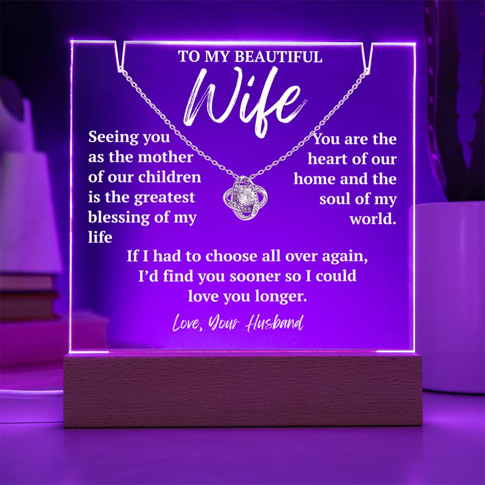To My Wife 14k white gold Love Knot necklace with vibrant purple LED acrylic plaque.